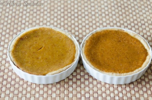 side by side comparison of pumpkin pies