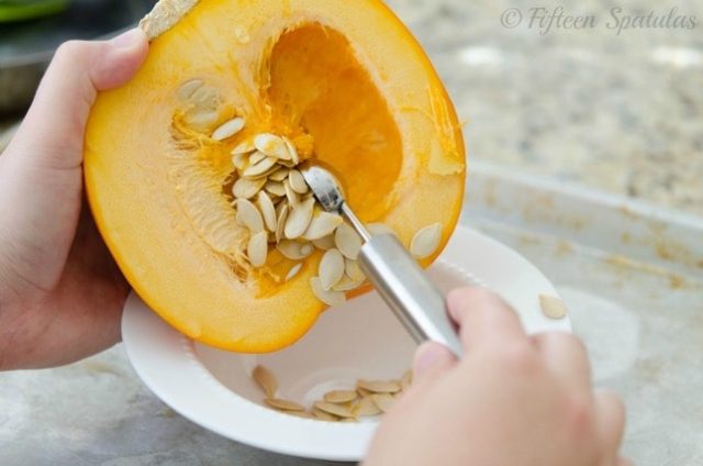 use a melon baller to seed a fresh sugar pumpkin