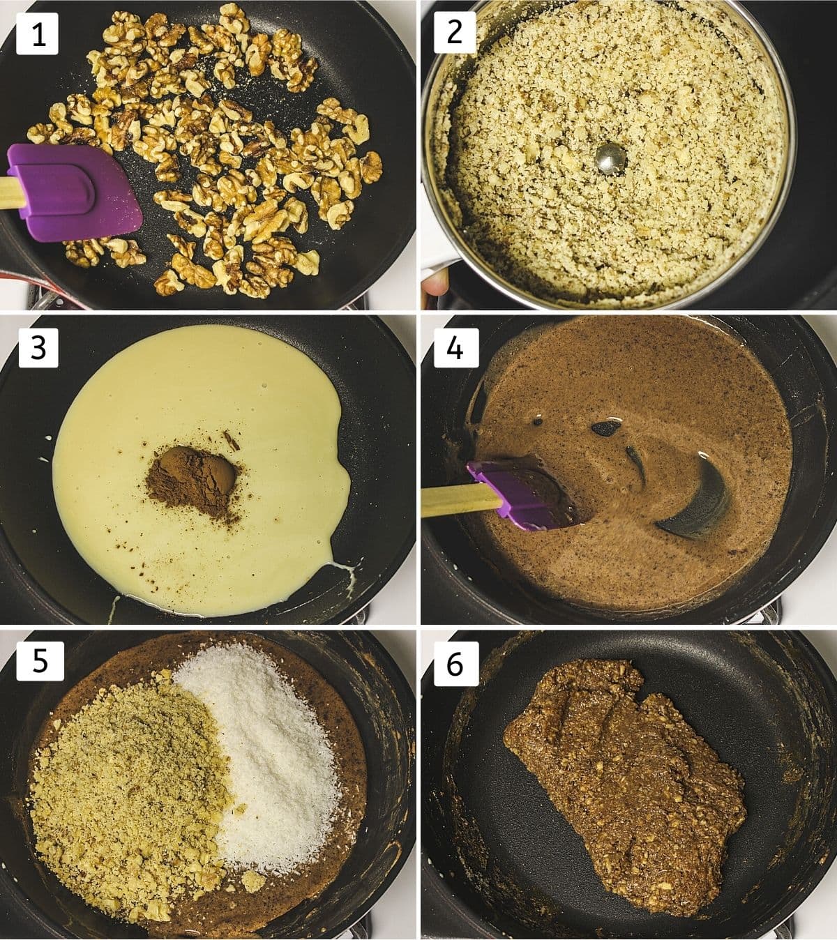 collage of 6 steps showing roasting walnuts, coarsely ground, condensed milk and cocoa powder in a pan, mixed, walnut, coconut added, cooked.