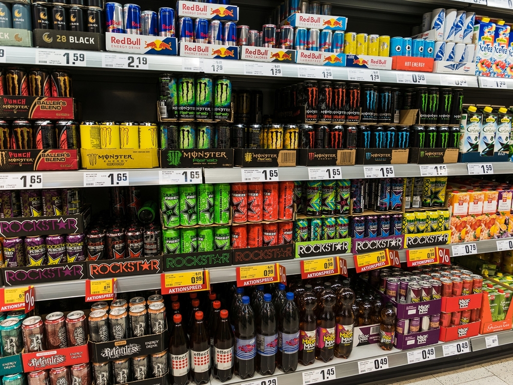 Supermarket aisle of energy drinks